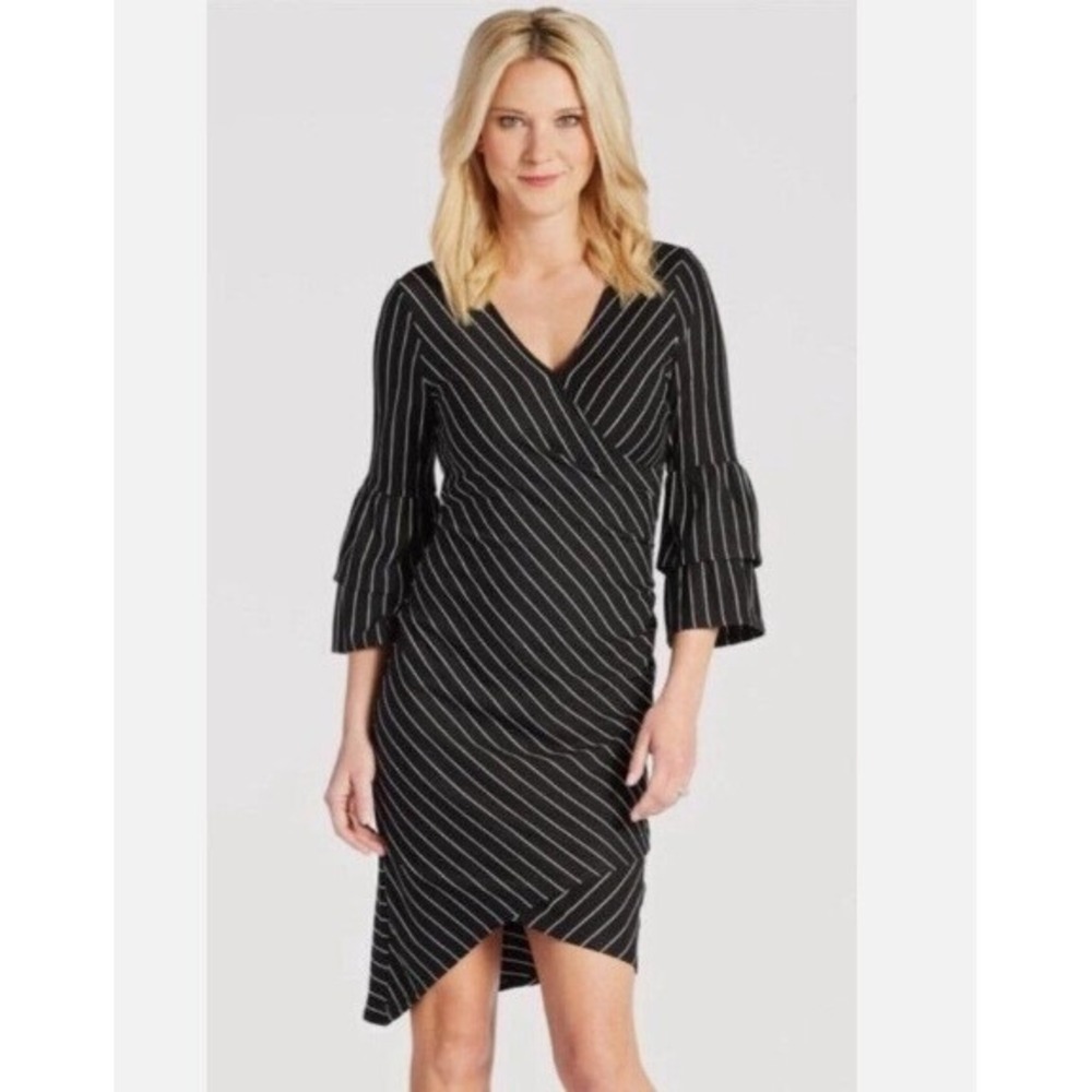 Anthropologie Sunday Brooklyn Black White Striped Wrap Dress Bell‎ Sleeve Small